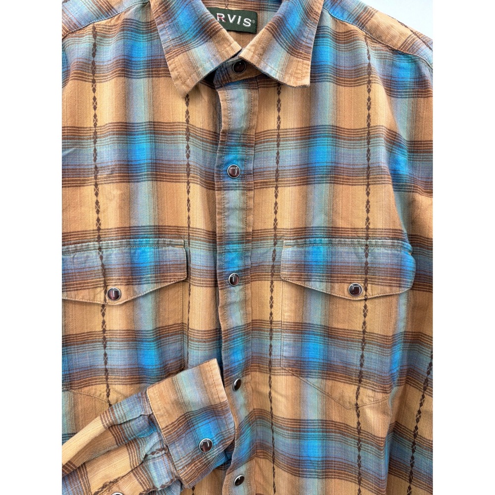 Orvis Mens Large Brown Blue Plaid Cotton Button Down Shirt Diamond Stitch L‎